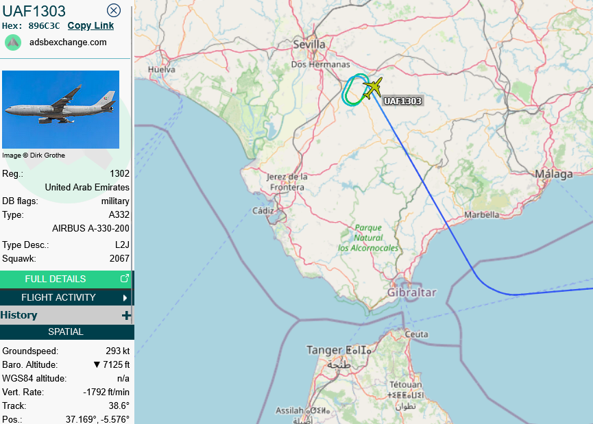 SirListenalot's tweet photo. UAE #A332 #UAF1303 / #SKY01 out of Egypt (Alexandria?) lets the chicks go first into Morón https://t.co/ndzjPswQRC