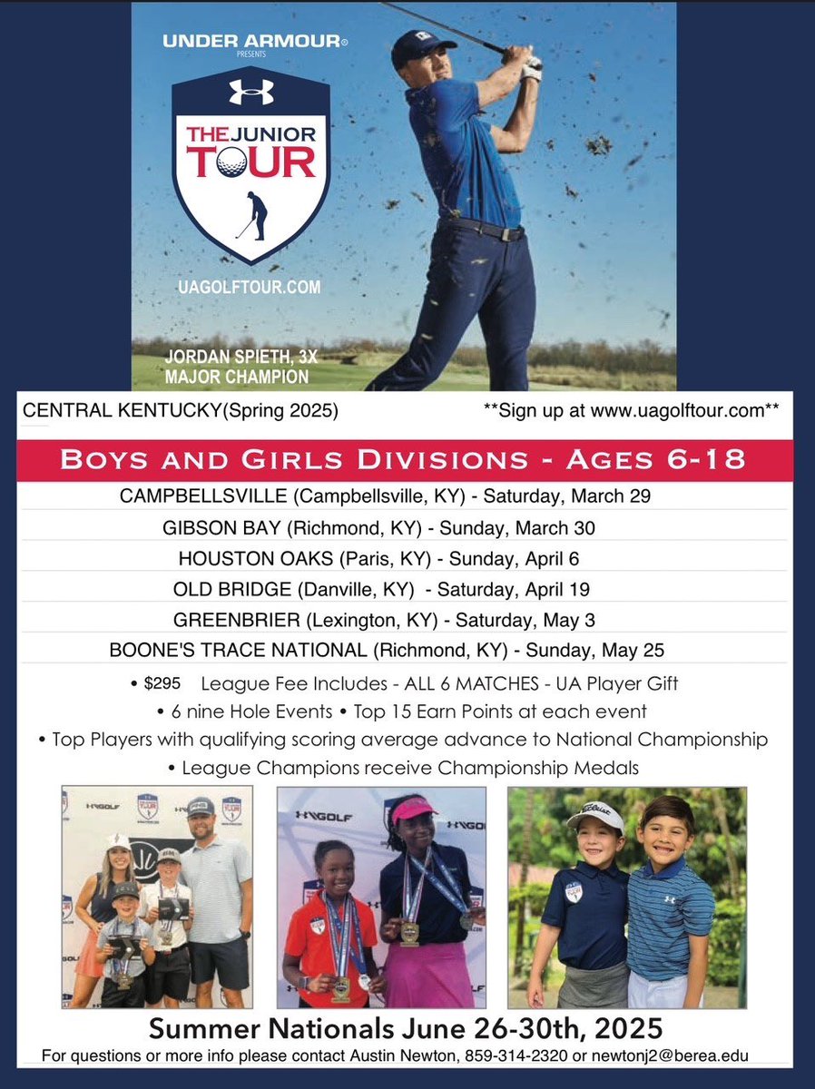 The Under Armour Junior Tour is Coming to Greenbrier!  We’re excited to host one of the Under Armour Junior Tour events this spring as part of a 9-hole tournament series designed for junior golfers ages 6-18! Register now at uagolftour.com.