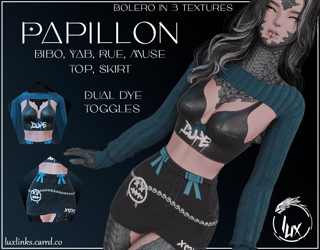 Luxmods_ffxiv's tweet photo. Papillon is out now on my platforms! Links in reply

A 2-piece outfit consisting of a leather top paired with a bolero and a skirt, all adorned with bow ties and a chain

Dyeable, dual dye &amp; toggles
Bolero in 3 textures

Made from scratch

#luxclothes https://t.co/fgcY02OqgZ