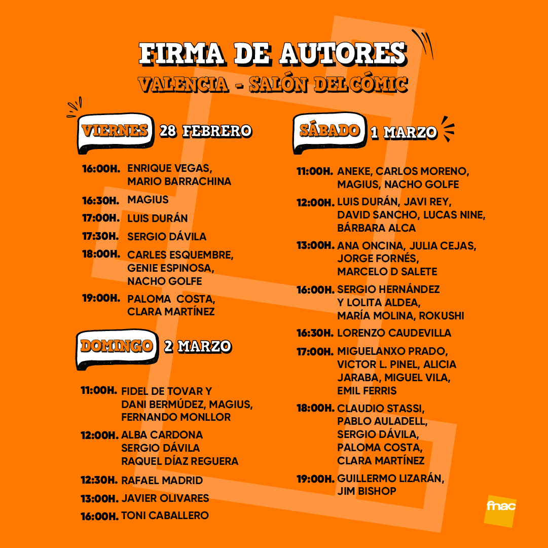 ✍️Horario de firmas en el stand Fnac del <a href="/SalonComicVlc/">Salón del Cómic y del Manga de Valencia</a> 

¡Nos vemos con <a href="/Emilferrisdraws/">Emil Ferris</a> <a href="/Aneke_my/">Aneke</a> <a href="/LolitaAldea/">Lolita Aldea 🌟✍☕</a> <a href="/PlanetadComic/">Planeta Cómic</a> <a href="/NormaEditorial/">Norma Editorial</a> y más!

Más en fnac.es/Fnac-en-el-Sal…