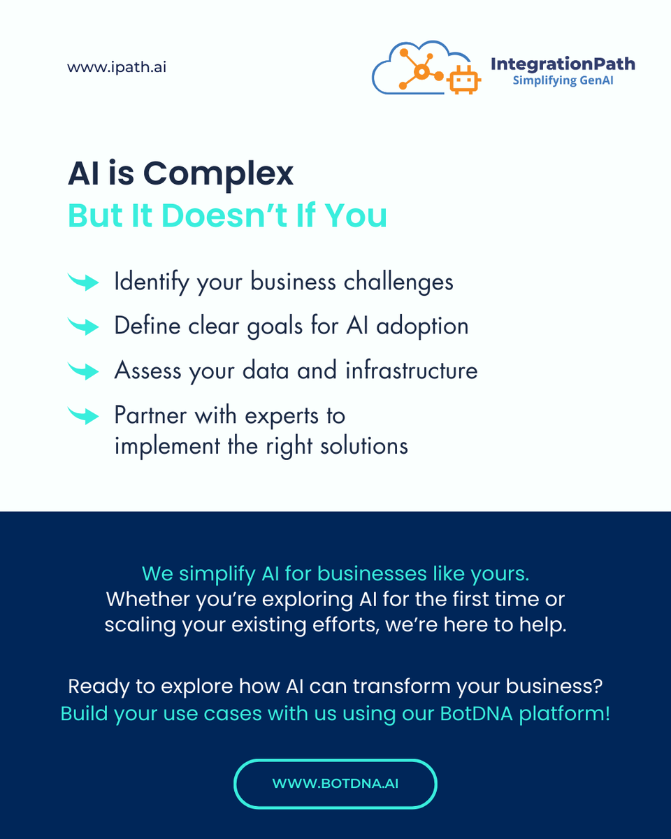integrationpath's tweet image. 🚀 Thinking About How to Start with AI? 👉 Swipe through to learn how!

Partner with us to simplify the journey. Let’s build your use cases together! 💡
botdna.ai

#GenerativeAI #AI #ArtificialIntelligence #IntegrationPathAI #BotDNA