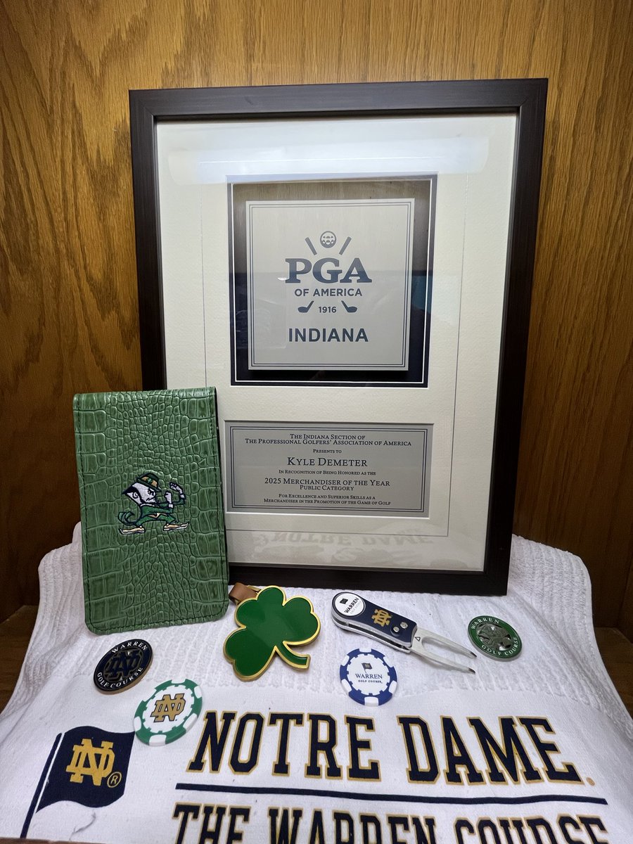 Warren Golf Course was awarded the 2025 Indiana PGA Special Award for Merchandiser of the Year - Public Course. Special thanks to our fearless leader, Kyle Demeter, our professional staff, our inside and outside staff, and the Notre Dame community for making this possible! ☘️