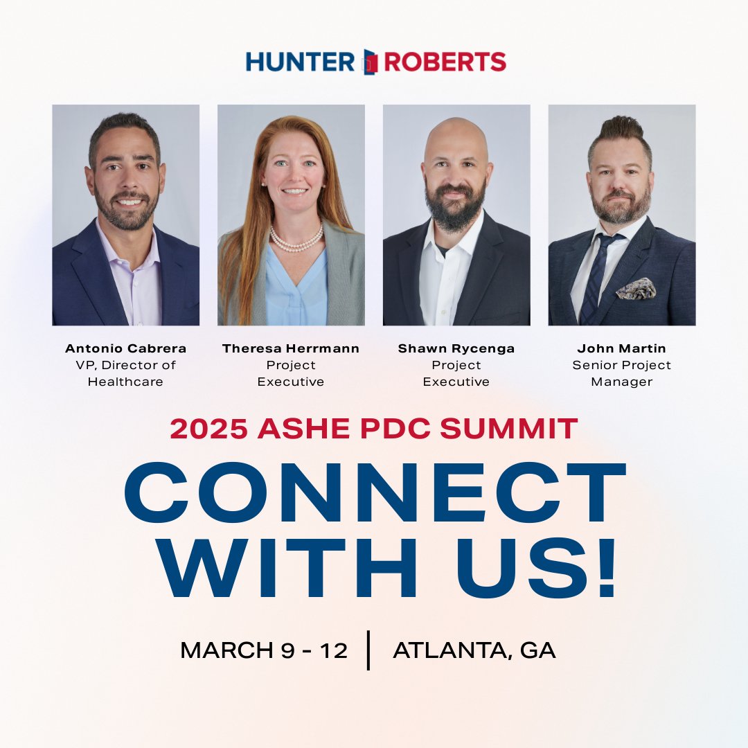 #HunterRoberts is heading to ATL and we're thrilled to be part of the 2025 ASHE PDC Summit next month! 🍑🏗️ Looking to network? Our team will be there from March 9-12 eager to connect. We can't wait to see you there! #ASHE #Healthcare #PDCSummit #WeDeliver