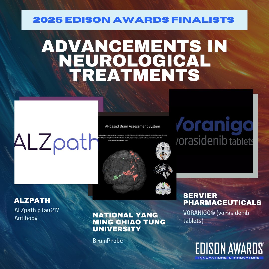 🌟MEET OUR FINALISTS🌟
ADVANCEMENTS IN NEUROLOGICAL TREATMENTS
🔹ALZpath pTau217 Antibody - <a href="/AlZpath/">ALZpath</a> 
🔹BrainProbe - <a href="/NYCU_official/">National Yang Ming Chiao Tung University 國立陽明交通大學</a> 
🔹VORANIGO® (vorasidenib tablets) - <a href="/Servier/">Servier</a>  

#EdisonAwards #HealthTech #Biotech #PatientOutcomes #Innovation