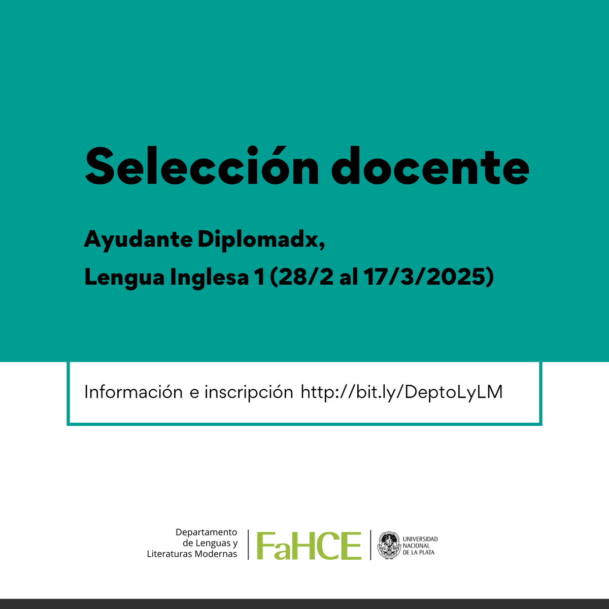 deptolylm's tweet photo. SELECCIÓN DOCENTE. Ayudante Diplomadx Interinx. Lengua Inglesa 1 (28/2 al 17/3/2025 a las 12:00 h)

Requisitos, orientaciones y formulario unificado de inscripción en https://t.co/y3xuDuI5Lm. 

Consultas a deptolm@fahce.unlp.edu.ar

Agradecemos la mayor difusión. https://t.co/8C2Z5FzLkt