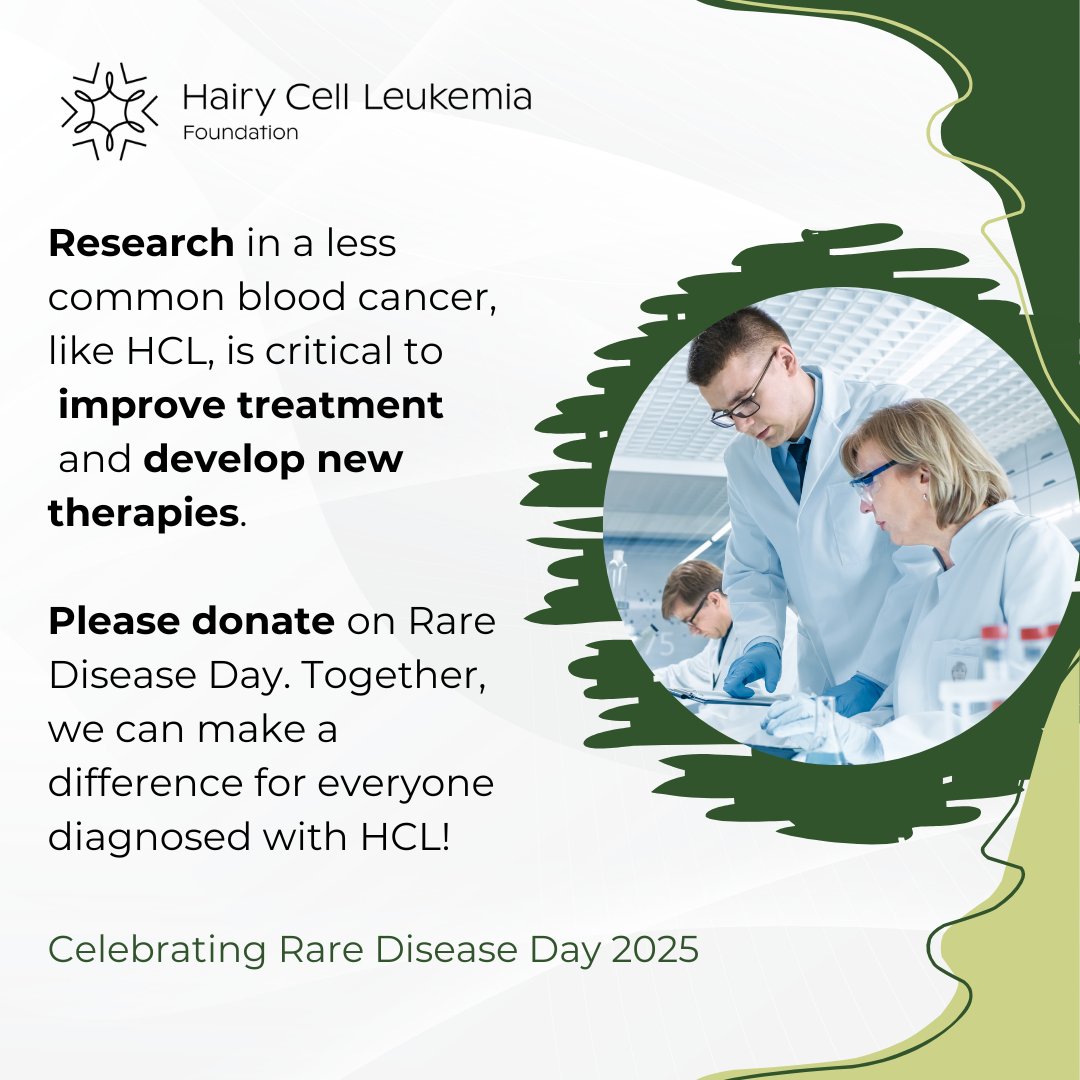 Hairy Cell Leukemia Foundation (@hclfoundation) on Twitter photo Today is #RareDiseaseDay!
For nearly four decades, the Hairy Cell Leukemia Foundation has been the leader in funding HCL research. With your help, we can make effective treatment available for everyone with HCL.
Donate! You can make an impact today. đź’š
form-renderer-app.donorperfect.io/give/hclf_dona… Today is #RareDiseaseDay!
For nearly four decades, the Hairy Cell Leukemia Foundation has been the leader in funding HCL research. With your help, we can make effective treatment available for everyone with HCL.
Donate! You can make an impact today. đź’š
form-renderer-app.donorperfect.io/give/hclf_dona…