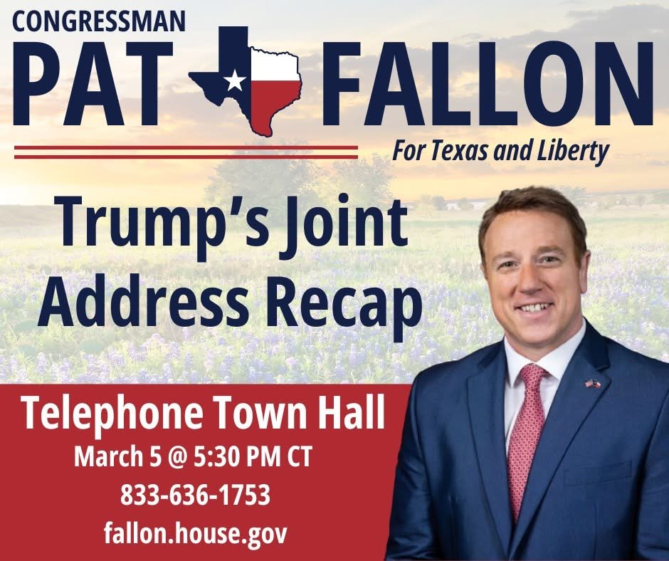 sprkytexas's tweet photo. Please join Rep. Rep Pat Fallon for this Telephone Town Hall next Wednesday, March 5th at 5:30.
These calls are great opportunities to hear directly from our Congressman and pose your own questions about issues.  #rockwall #texas #Texascd4 https://t.co/4DOdxNYv3v
