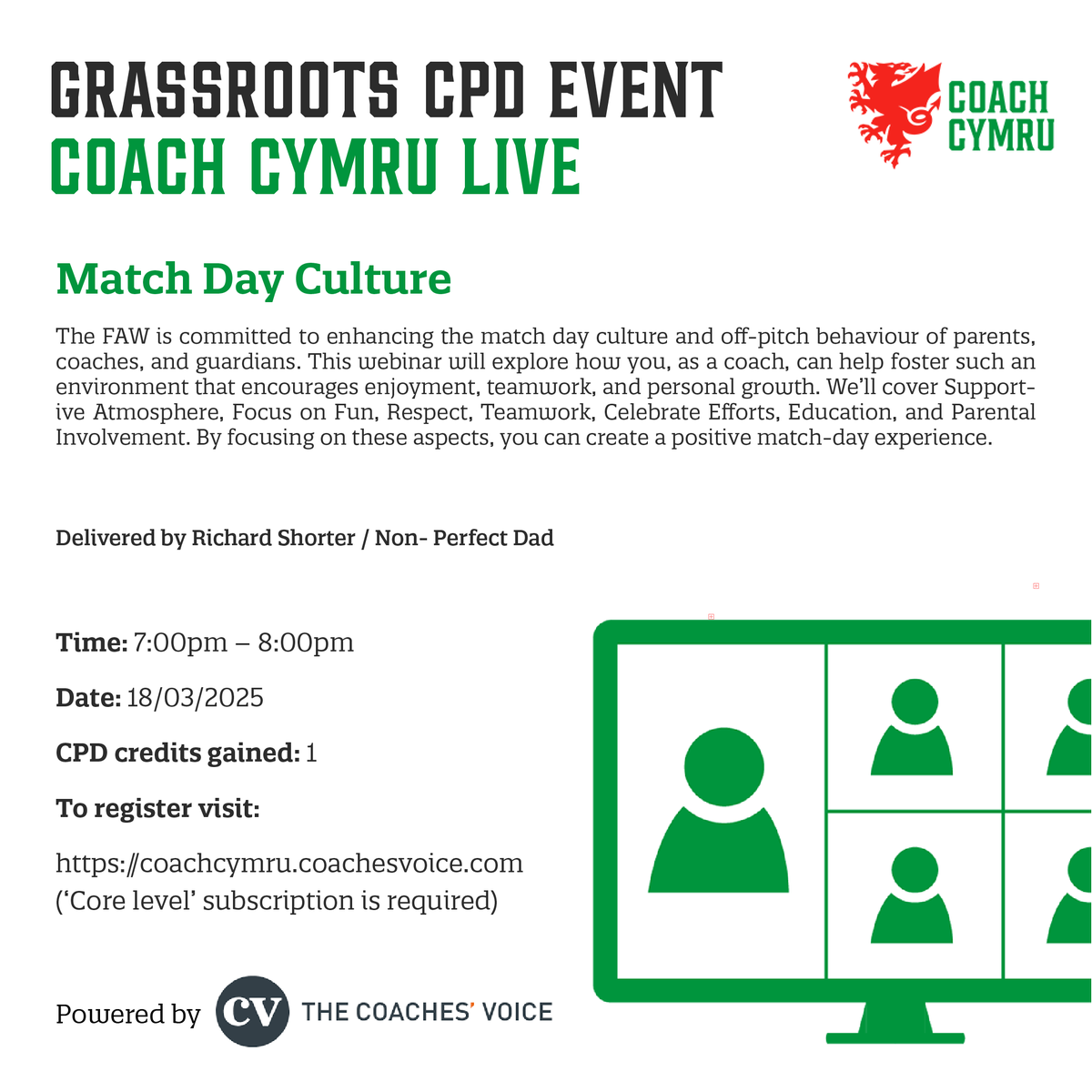 ⚽️ FAW Coaching (@fawcoached) on Twitter photo We are pleased to announce that our upcoming Grassroots webinar will focus on 'Match Day Culture', presented by Richard Shorter (<a href="/nonperfectdad/">Richard Shorter-Sport Conversation Architect</a>).
Coach Cymru subscribers:
faw.coachesvoice.com/events/webinar…
Not yet a Coach Cymru subscriber:
coachcymru.coachesvoice.com We are pleased to announce that our upcoming Grassroots webinar will focus on 'Match Day Culture', presented by Richard Shorter (<a href="/nonperfectdad/">Richard Shorter-Sport Conversation Architect</a>).
Coach Cymru subscribers:
faw.coachesvoice.com/events/webinar…
Not yet a Coach Cymru subscriber:
coachcymru.coachesvoice.com
