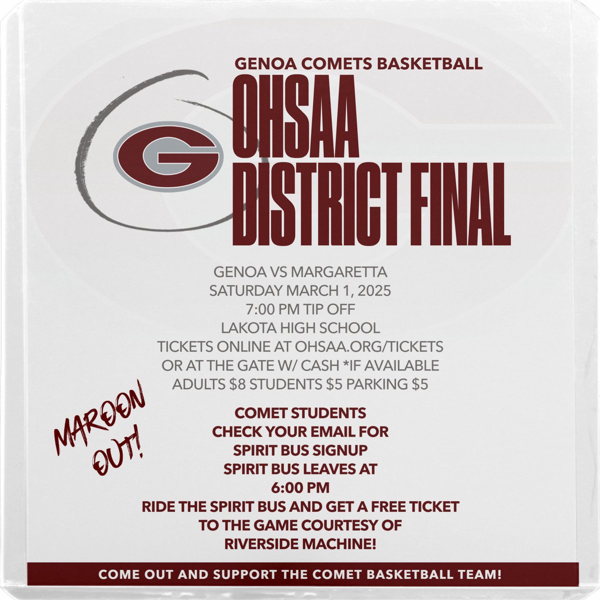 District Final Boys Basketball Information! Wear Maroon and come support your Comet Basketball team! #gocomets