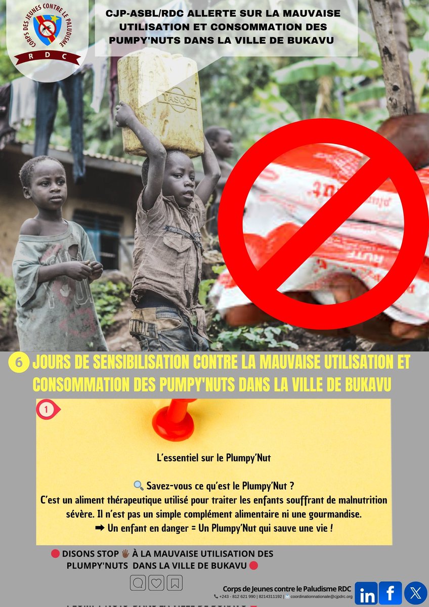 FortuneMur's tweet photo. STOP à la mauvaise utilisation des Plumpy'Nuts à Bukavu ! Cet aliment thérapeutique est vital pour les enfants souffrant de malnutrition sévère. Ne le détournons pas de son usage. #PlumpyNut #Bukavu #Malnutrition #SantéEnfantine #CJP_ASBL_RDC https://t.co/SOyZqAjIJH