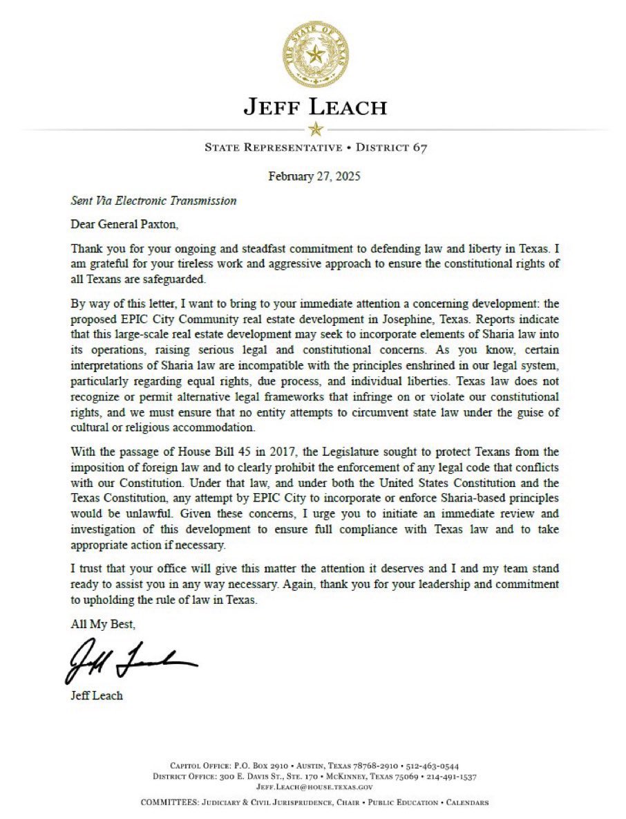 I echo this message from my colleague <a href="/leachfortexas/">Jeff Leach</a> 

We will have NO SHARIA CITIES in Texas, &amp; our current law clearly prohibits this!
