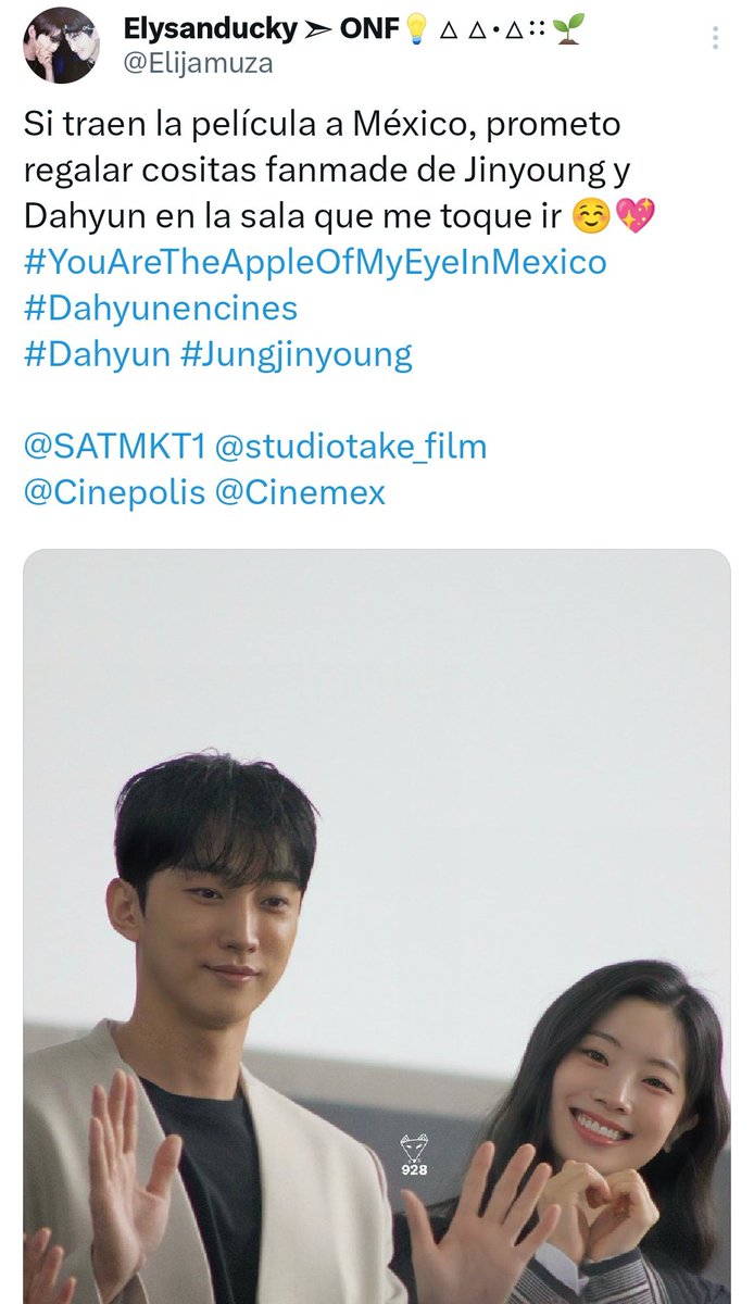 Elijamuza's tweet photo. Lo prometí y lo voy a cumplir 😌👌🏻❤️
#Laniñademisojos #Jinyoung #Dahyun #corazonfilms #Twice #B1A4 #YouAreTheAppleOfMyEye #YouAreTheAppleOfMyEyeInMexico https://t.co/We40B5NnrO