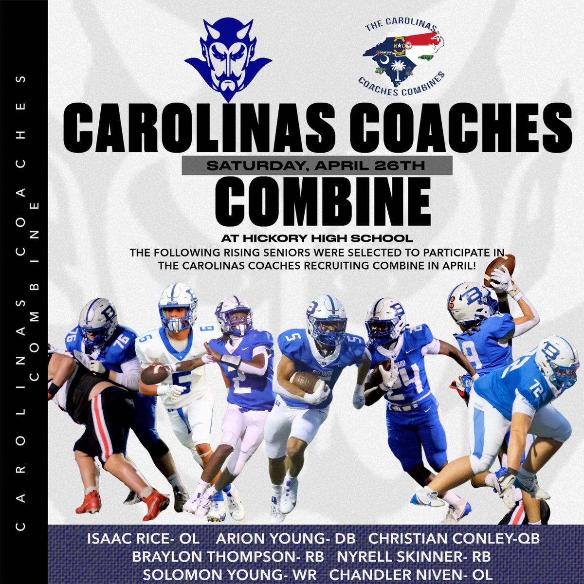 We want to extend a huge congratulations to some of our rising seniors who were selected to go and compete at the Carolinas Coaches Combine at Hickory High School! 
<a href="/IsaacRice320799/">Isaac Rice</a> <a href="/Chrisconley_2/">Christian Conley</a> <a href="/Braylon_t5/">Braylon Thompson</a> <a href="/Nyrell_24/">Nyrell</a> <a href="/chandler_niven/">Chandler Niven</a> <a href="/CoachesCombines/">Carolinas Coaches Combine</a>