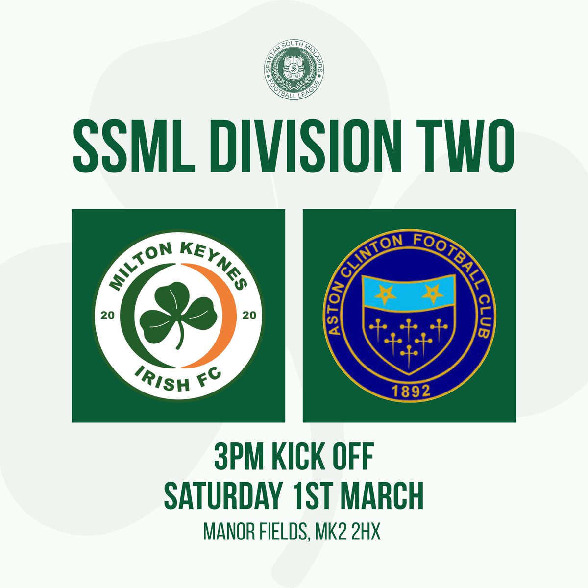 ☘️⚽️ | NEXT UP - RESERVES

No game for the first team tomorrow but the Ressies are in action at Manor Fields

🆚 <a href="/AstonClintonFC/">Aston Clinton FC</a> 
🗓 Sat 1st March
⏱ 3PM Kick Off
🏆 SSML Division Two
📍 Manor Fields, MK2 2HX

#NonLeague #UpTheIrish #SSML