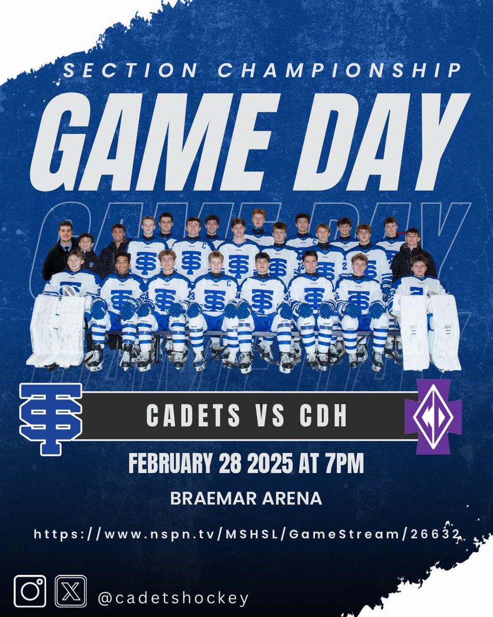 Cadets_hockey's tweet photo. It’s Game Day! Tonight the Cadets take on CDH in the Section Championship.  GO CADETS!

⏰ 7pm
📍 Braemer Arena
💻 https://t.co/8Ck61SeTfE
🎙️ https://t.co/q5ySbo2D0C (free audio broadcast)
📸 @mmurrayphoto 

#oneteam⚔️ https://t.co/I0tsCmdwXg