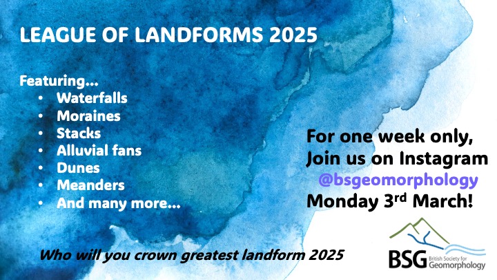 Remember it’s International Geomorphology Week next week, and that means League of Landforms is back! The big names in geomorphology will be there, battling against some underdogs to decide who can claim the title. Make sure you are following us on Instagram!