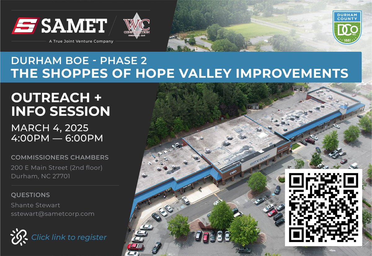 Join the Samet/WC Construction team for an outreach &amp; info session on the re-roofing phase 2 of the Durham Board of Elections Renovation Project for site of the old Shoppes of Hope Valley Shopping Center - Tuesday, March 4 at Admin I Building.

Register: 🔗bit.ly/DCoSametWCP2