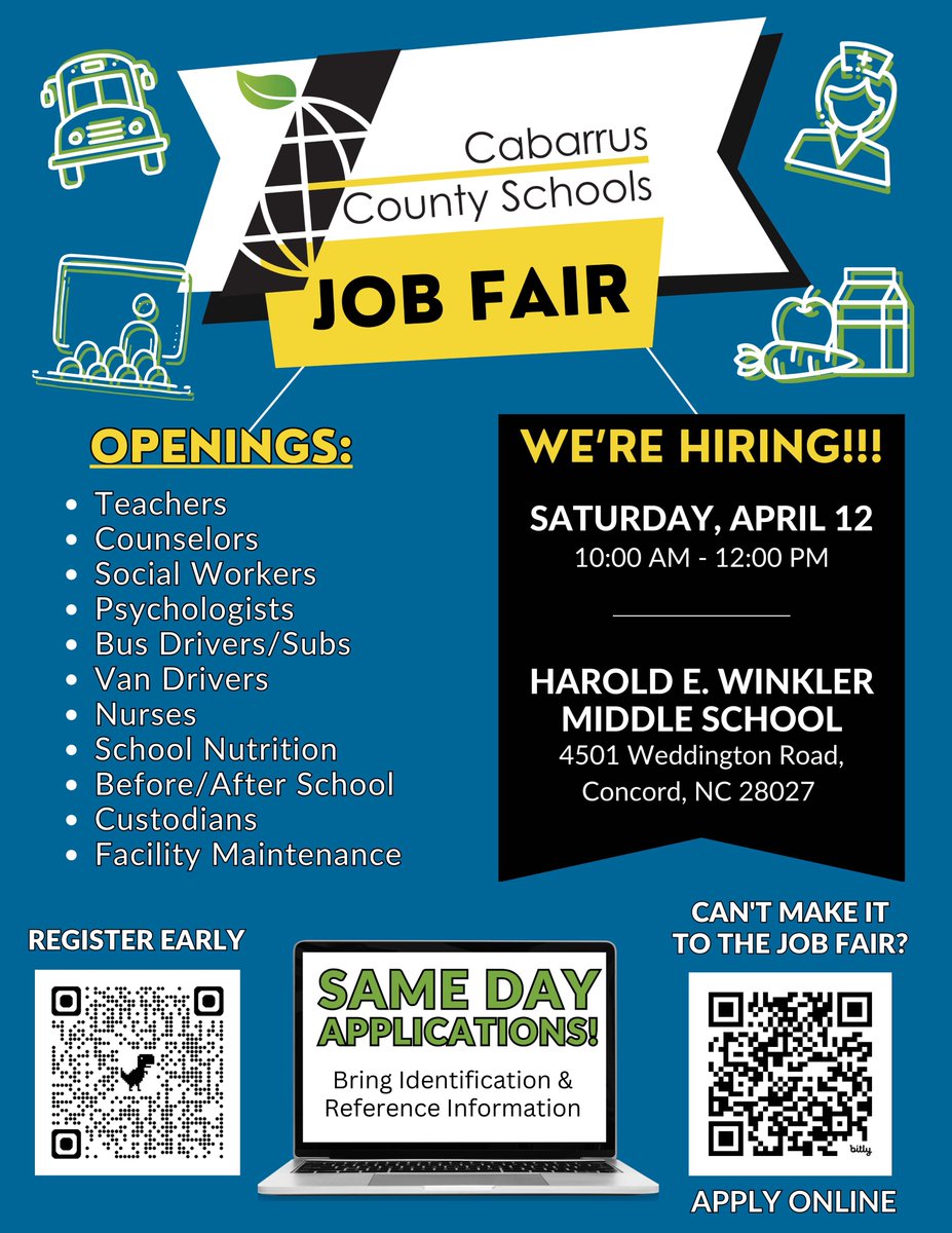 The CCS Job Fair will be on Sat. 4/12 from 10 am-12 pm at Winkler MS. Doors will open at 10am. All 44 schools and CCS departments will be on site to provide info, recruit, &amp; hire on that day!

Links for early registration &amp; to apply for open positions are at the link in our bio!