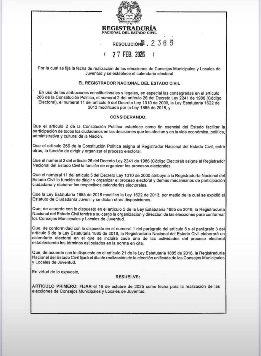 ¡Atención Juventudes de 🇨🇴! 

Las elecciones de los Consejos de Juventud YA tienen fecha 🔥 La <a href="/Registraduria/">Registraduría Nacional del Estado Civil</a> lanzó la resolución 2365 del 2025 con el calendario 🗓️ electoral 🗳️ para los CMJ. Desde #Cali nos alistamos para romperla con una participación MASIVA. 

🧵👇🏼
