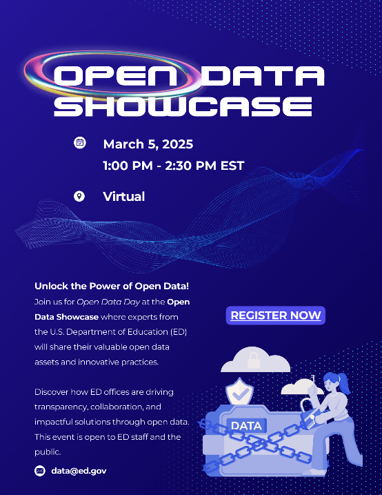 usedgov's tweet image. Did you know that the Department recently published its inaugural Open Data Plan? Learn how ED is using open data at our #OpenDataDay Showcase on Wednesday, March 5 at 1 PM ET. 

Register now at ed-gov.zoomgov.com/webinar/regist…