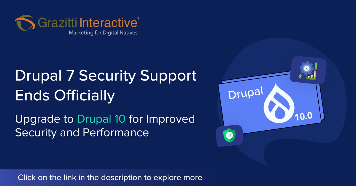 Grazitti's tweet image. Drupal 7 security support has officially ended. It’s time to upgrade to Drupal 10 for
- Robust security
- Improved performance
- Digital maturity 
Navigate the migration steps, in this read.
👉 ow.ly/jSFN50V84tF
#Drupal10 #DrupalMigration #WebsiteSecurity #Grazitti
