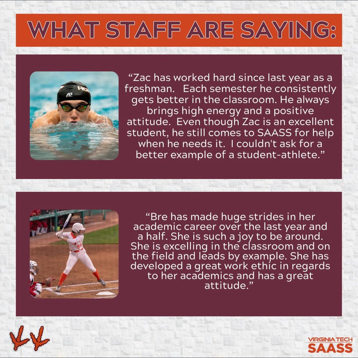 SAASS Spotlight — We are so excited to announce our February Student - Athletes of the Month! Shoutout to Bre Peck and Zac Ouzilou for crushing it in the classroom this semester! SAASS appreciates your hard work and dedication 📝👏 #GoHokies