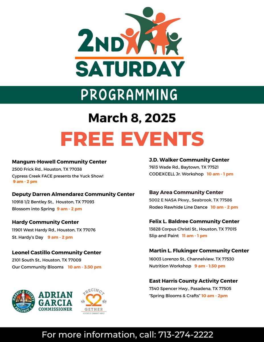 🌿 2nd Saturdays are back on March 8th!
Join us for FREE events across Precinct 2 Community Centers, featuring workshops, fitness, crafts &amp; more! 🎉

📞 More info: 713-274-2222

#Precinct2 #2ndSaturday #CommunityEvents