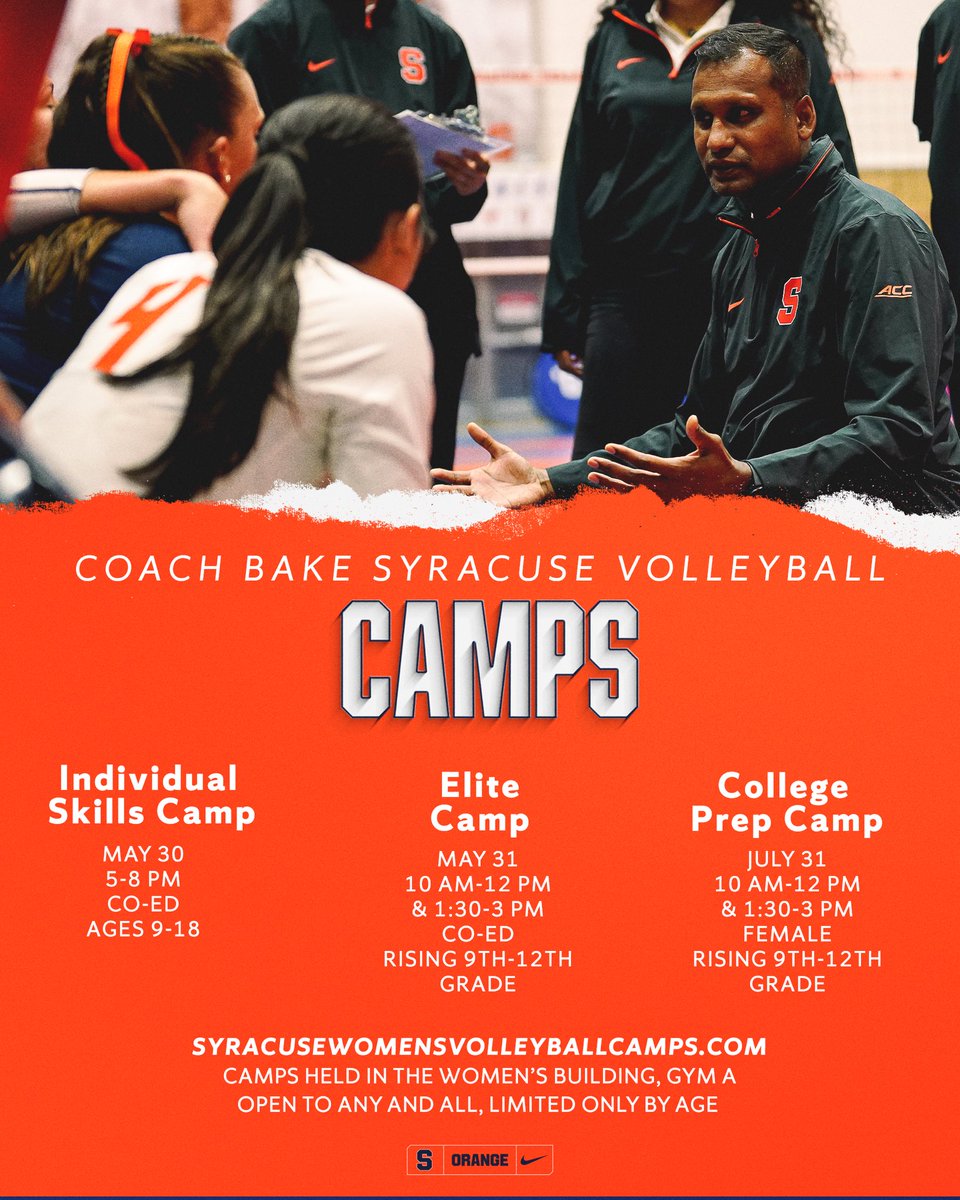 CuseVB's tweet image. Registration for our 2025 volleyball camps is now OPEN! 🍊
Visit the Linktree in our bio to sign up now! 📝
#BackStronger | #TheRedemptionTour