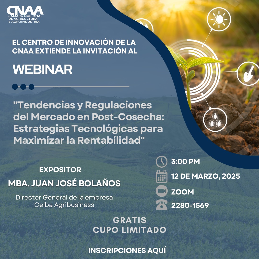 El Centro de Innovación de la <a href="/CNAACR/">Camara Agricultura</a> los invita al Webinar “Tendencias y Regulaciones del Mercado en Post-Cosecha: Estrategias Tecnológicas para Maximizar la Rentabilidad”.
Si desea participar en el webinar puede registrarse en el siguiente link: us02web.zoom.us/.../reg.../p04…...