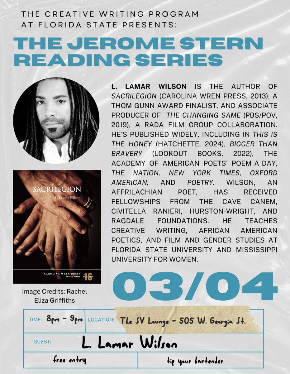This week’s Jerome Stern reading will feature L. Lamar Wilson! Please note the temporary change in location; the reading will take place at 8:00 p.m. at The Social Vegan.