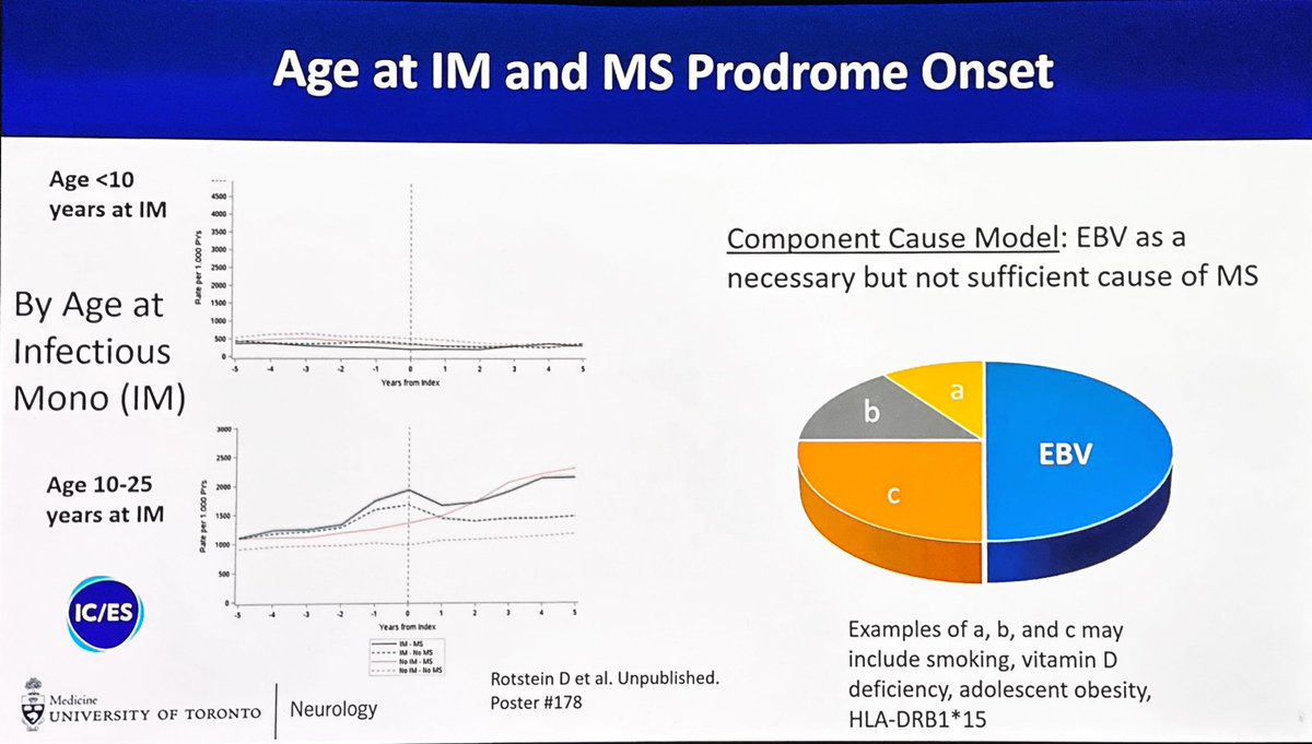 Rotstein: in Ontario 🇨🇦, infectious mononucleosis predates MS by a median of 11.5 years.  On the group level, duration of the MS prodrome is similar in those with and without a mono history. #ACTRIMS