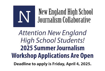 NEHSJC1's tweet photo. Applications are open now for our all-expense-paid summer workshop for students interested in journalism for the 38th year. The 2025 dates are June 21 – June 28. Students will learn to report, write, edit, and produce a class newspaper and website. Apply https://t.co/egYw6CH74X. https://t.co/0vCUoSbt8t