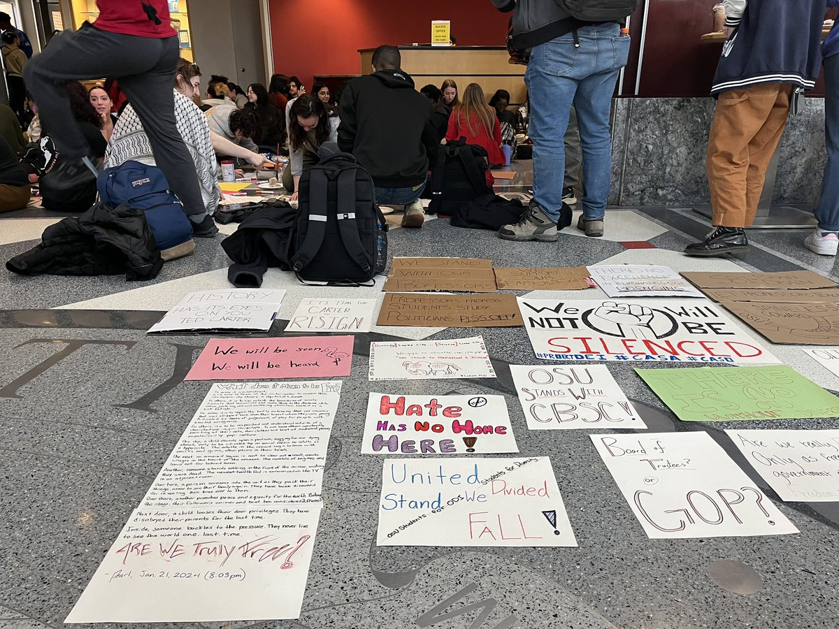 Approximately 70 students gather in front of the Center for Belonging and Social Change to protest the university’s decision to shut down the Office of Diversity and Inclusion and CBSC. The sit-in began at around 8 a.m.