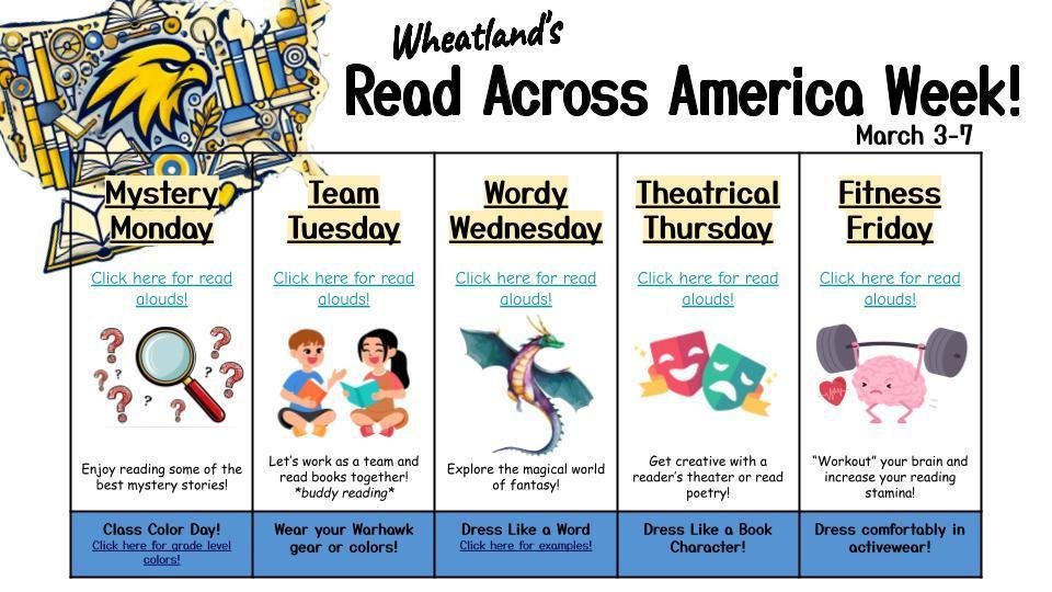 Join us in celebrating Read Across America next week from March 3rd-7th! On Monday, we'll wear class colors to kick off Mystery Monday! 
 docs.google.com/document/d/1-u…

#wcsflight