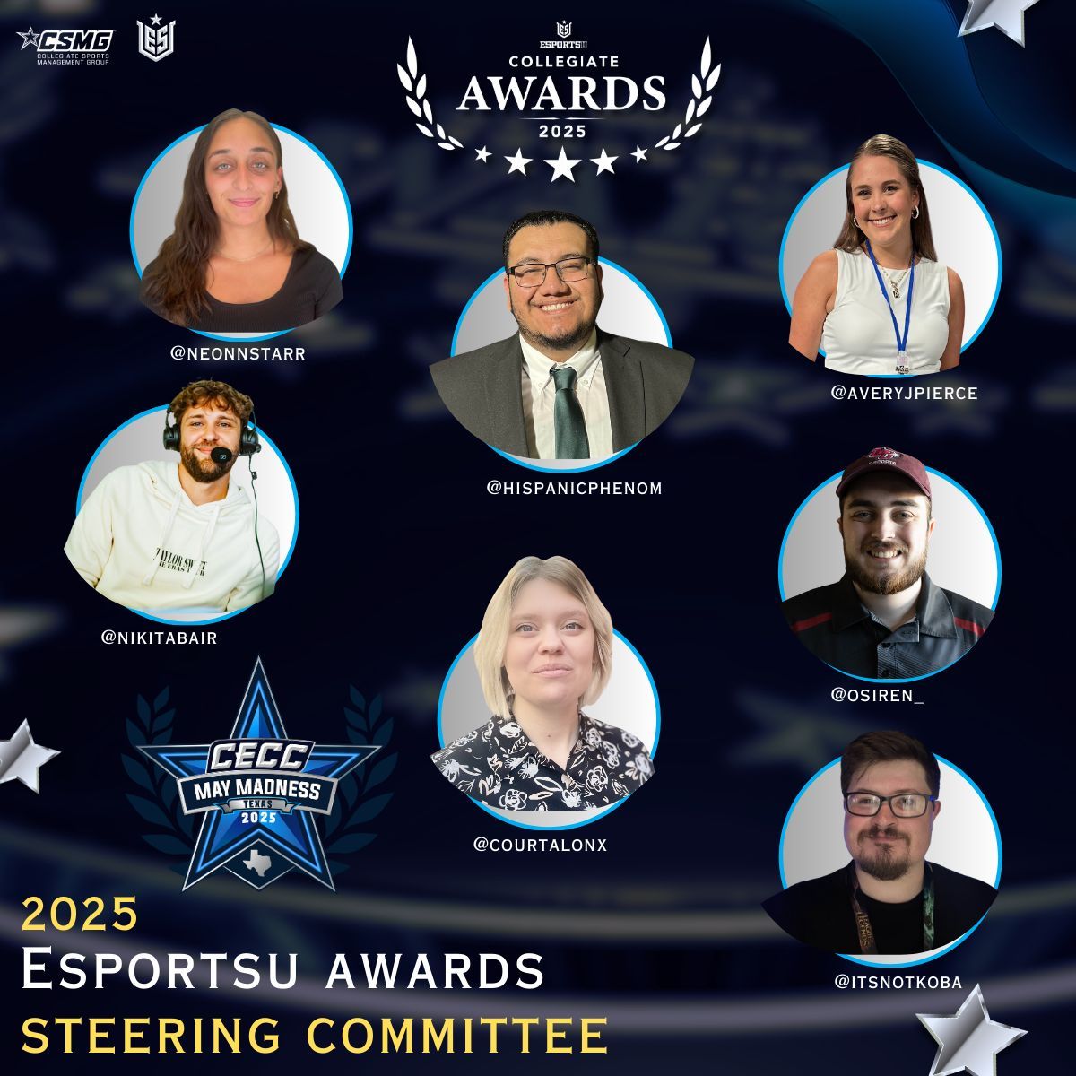 EsportsU (@esportsugaming) on Twitter photo Thank you to our 2025 EsportsU Collegiate Awards Steering Committee!
<a href="/neonnstarr/">Toni | Neon</a>
<a href="/nikitabair/">Nikita Bair</a>
<a href="/averyjpierce/">Avery</a>
<a href="/CourtalonX/">Courtalon</a>
@hispanicphenom
@osiren_
@itsnotkoba
VOTING OPENS NEXT WEEK! Stay Tuned!
The EsportsU Awards are happening LIVE at <a href="/EsportsStadium/">Esports Stadium Arlington</a> on May 2-4th! Thank you to our 2025 EsportsU Collegiate Awards Steering Committee!
<a href="/neonnstarr/">Toni | Neon</a>
<a href="/nikitabair/">Nikita Bair</a>
<a href="/averyjpierce/">Avery</a>
<a href="/CourtalonX/">Courtalon</a>
@hispanicphenom
@osiren_
@itsnotkoba
VOTING OPENS NEXT WEEK! Stay Tuned!
The EsportsU Awards are happening LIVE at <a href="/EsportsStadium/">Esports Stadium Arlington</a> on May 2-4th!