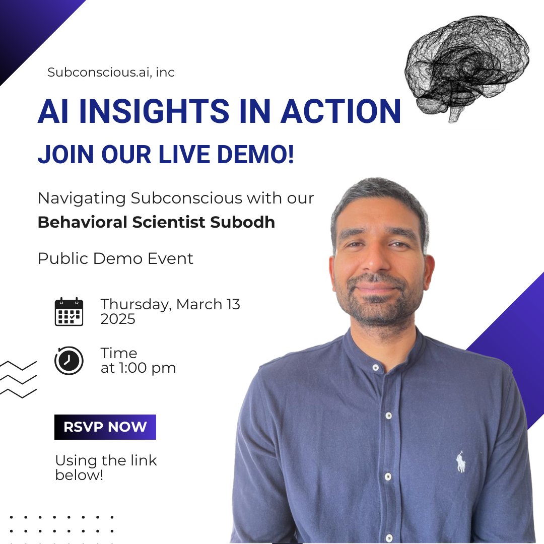 🚀 Discover how Subconscious moves beyond data to uncover real insights: Live Demo with Dr. Subodh

Join us on March 13 at 1 PM EST as we explore how AI is transforming Market Research. 

📅 RSVP now!
linkedin.com/events/aimarke…
 
#AI #MarketResearch #SubconsciousAI #Innovation
