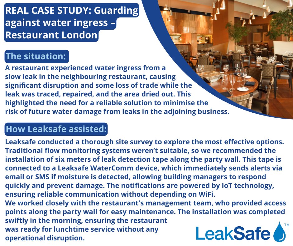 Leaksafe's tweet image. When a restaurant faced disruption due to water ingress from next door, Leaksafe stepped in. Our leak detection tape &amp;amp; WaterComm system now alert managers instantly if water is detected, preventing damage before it starts! 🚫💦

Find out more 👉 leaksafe.com