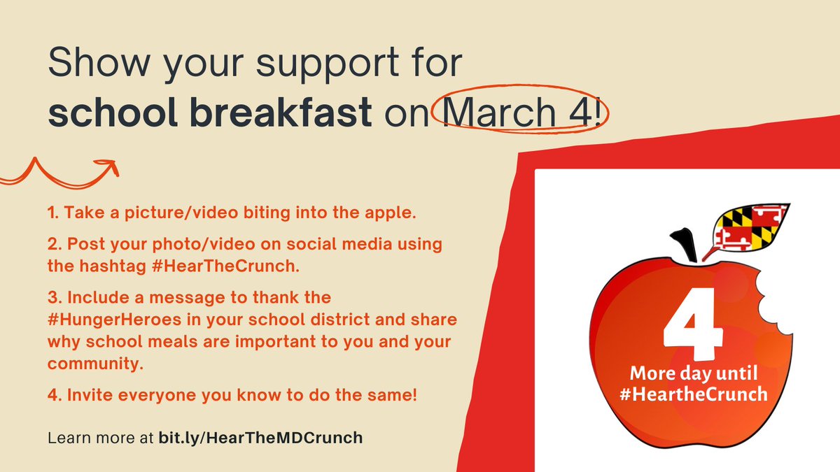 Get ready to show your support for #schoolbreakfast during #NSBW25! Join us on March 4 to celebrate #HeartheCrunch by sharing your apple crunching photo with a message about why you love school breakfast! Learn more at bit.ly/HearTheMDCrunch