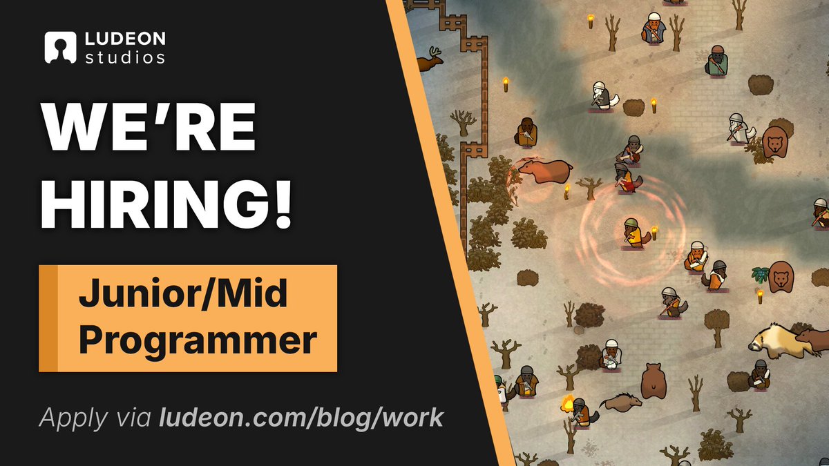 LudeonStudios's tweet photo. Ludeon Studios is hiring a Junior/Mid Programmer! Come help us make awesome games with complex systems. 

🏠 Remote
🌎 Asynchronous hours
❗ No crunch – ever

Apply here: https://t.co/xNfH8JRagt https://t.co/K6srVRpoKQ