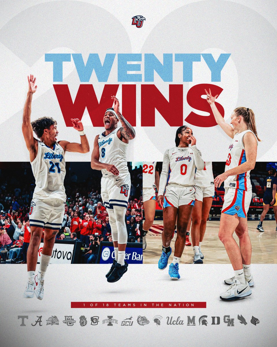 𝐈𝐍 𝐄𝐋𝐈𝐓𝐄 𝐂𝐎𝐌𝐏𝐀𝐍𝐘❗ 
 
Liberty is one of 1️⃣8️⃣ schools in the nation with both basketball programs having won 20+ games this season!