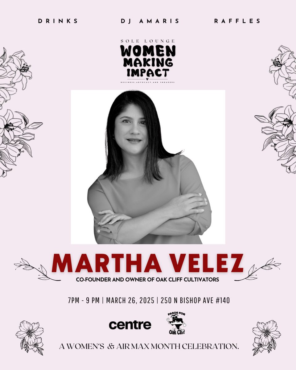 Introducing Martha Velez, Co-Founder and Owner of Oak Cliff Cultivators 🍃💅

Join us for Women Making Impact! 💐❤️👟

We are celebrating women who are making an impact in business, advocacy, and sneaker culture. 

Tickets: eventbrite.com/e/women-making…