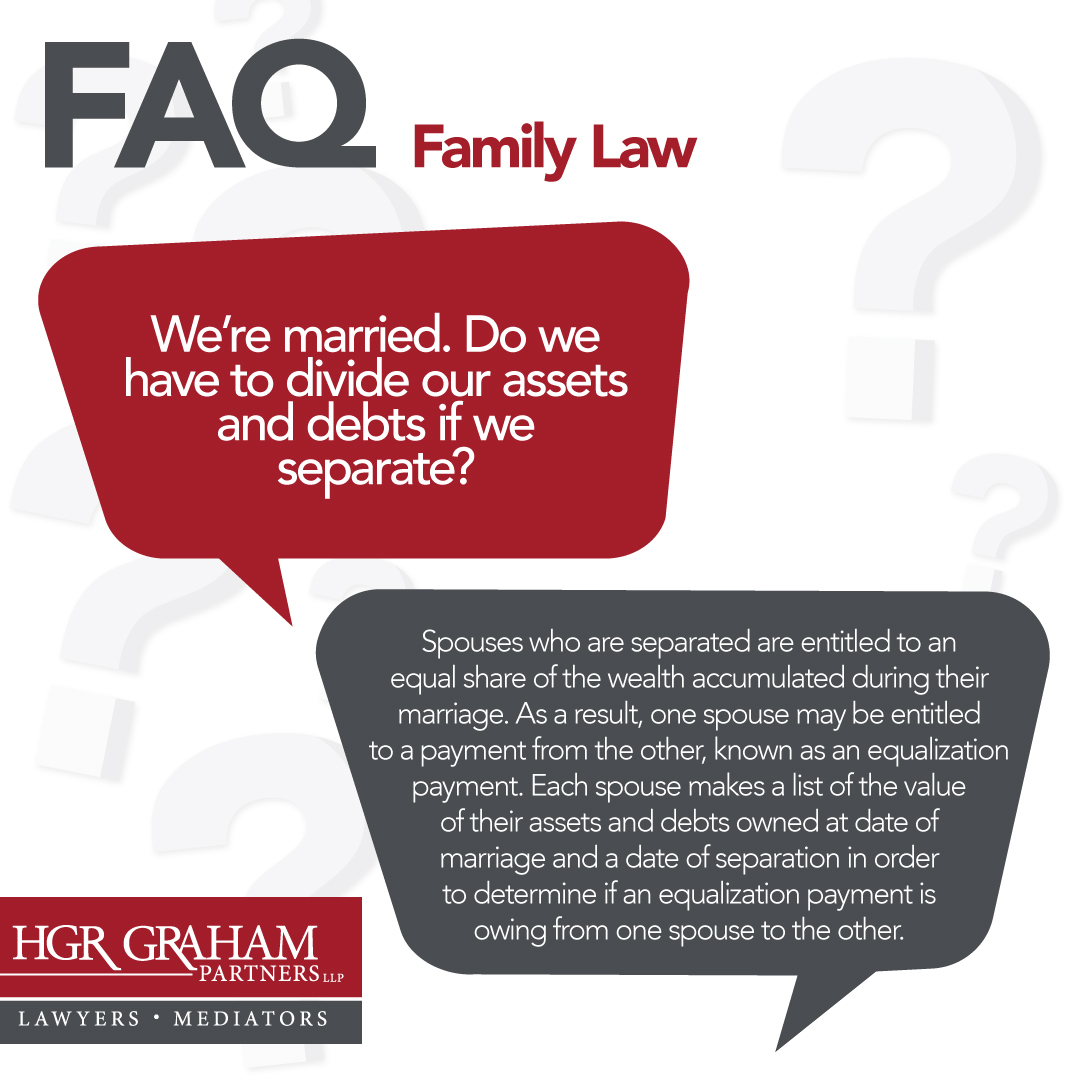 If you have separated from your spouse, you will need to address issues relating to division of property and equalization, unless they have already been addressed in a Cohabitation Agreement or Marriage Contract.