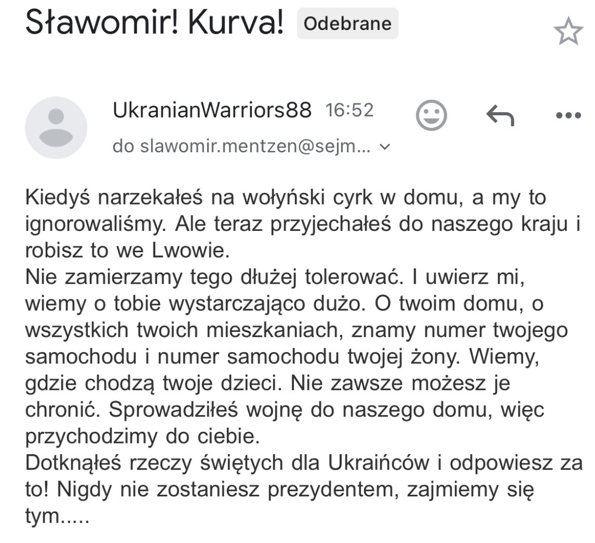 Zgłoszę to na policję, ale nie mam wielkich nadziei, że właściwe organy potraktują to poważniej niż MSZ.

Poniżej było jeszcze zdjęcie ofiar Rzezi Wołyńskiej z twarzami przerobionymi na twarze moją, żony i dzieci, ale z oczywistych powodów nie będę tego tu wklejał.