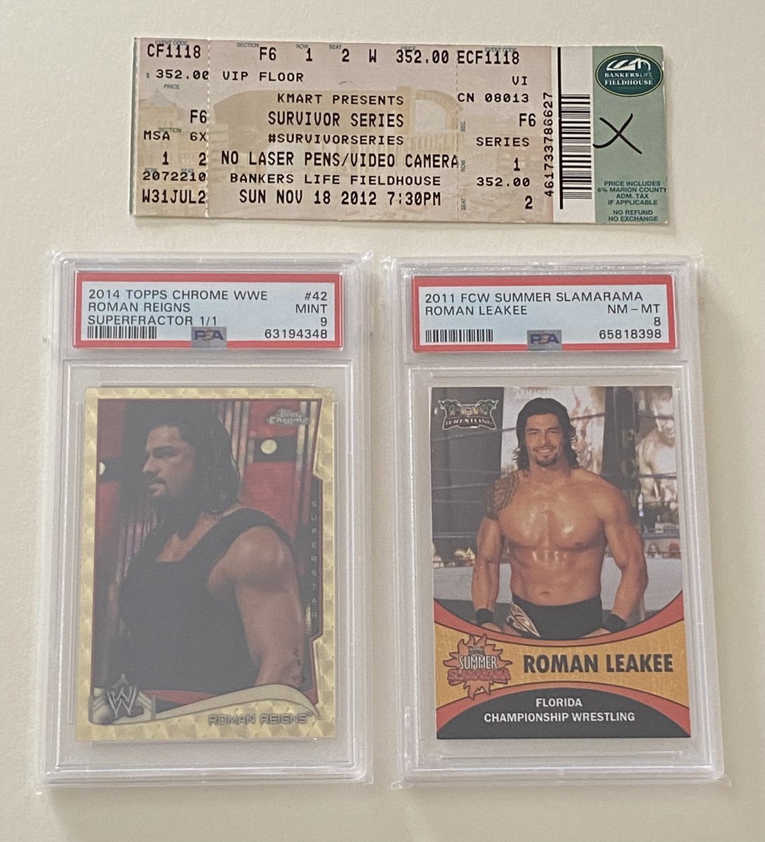 Roman Reigns 1/1 Topps chrome 2014 superfractor, Highest graded FCW rookie card &amp; Survivor Series 2012 debut ticket