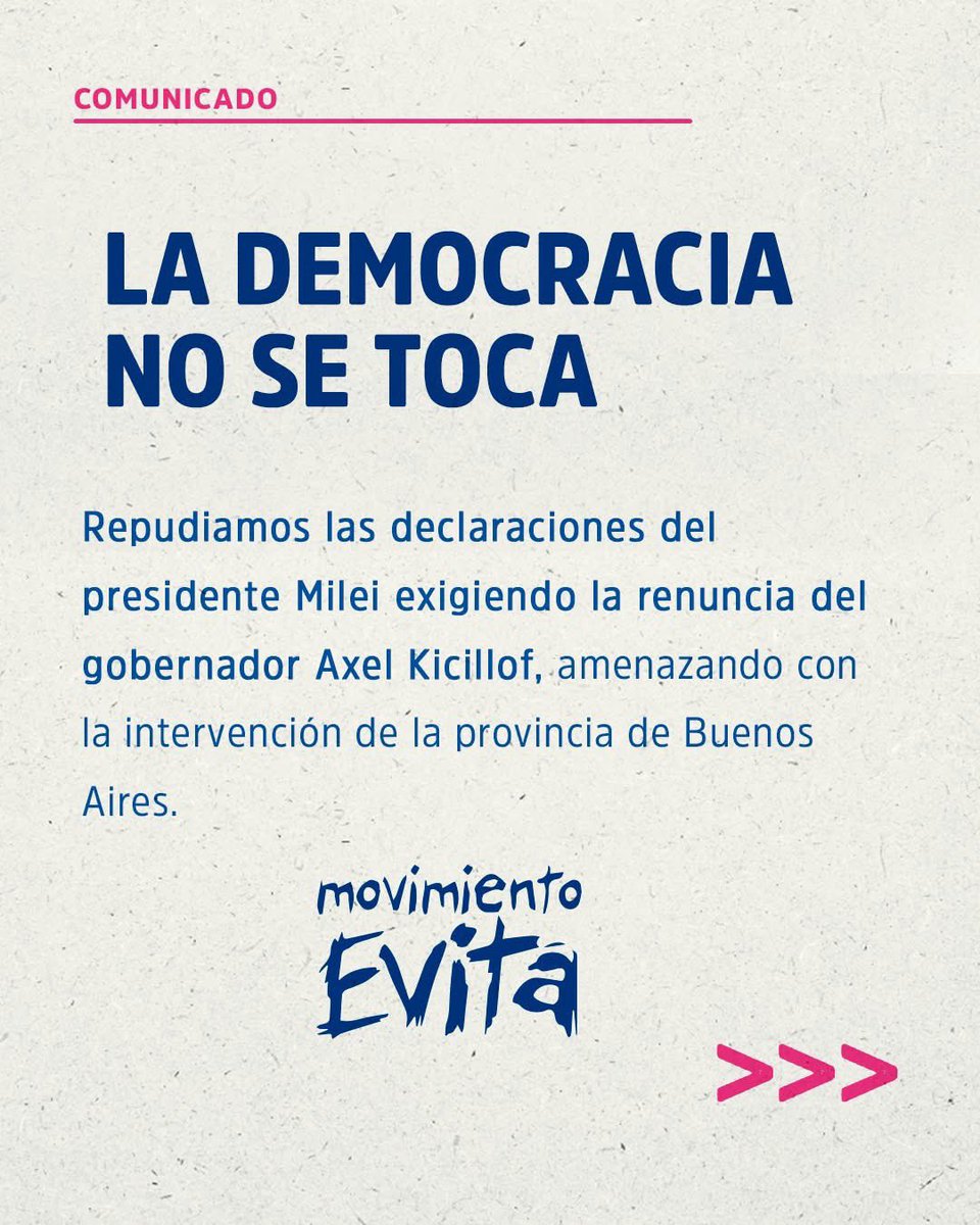 pitubasualdooo's tweet photo. Repudiamos las declaraciones de @JMilei exigiendo la renuncia de @Kicillofok y amenazando con intervenir la provincia de Buenos Aires. Esto es una grave amenaza institucional. https://t.co/yKPbMGkDqY