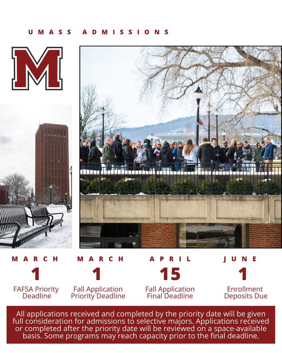 UMass Undergraduate Admissions (@umassadmissions) on Twitter photo ‼️ Tomorrow is the priority deadline for transfer applications to <a href="/UMassAmherst/">UMass Amherst</a> for the Fall 2025 semester! Make sure to submit your application if you haven’t already.
💸 The UMass FAFSA priority deadline is also tomorrow.
#Transfer2UMass #umass #umassamherst #umassadmissions ‼️ Tomorrow is the priority deadline for transfer applications to <a href="/UMassAmherst/">UMass Amherst</a> for the Fall 2025 semester! Make sure to submit your application if you haven’t already.
💸 The UMass FAFSA priority deadline is also tomorrow.
#Transfer2UMass #umass #umassamherst #umassadmissions