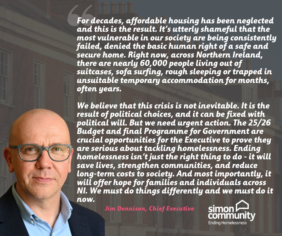 Homelessness in Northern Ireland is at crisis levels. 1 in every 32 people in NI is now officially homeless, marking a 136% increase over the last decade.
 
These aren't just statistics, they're people, families, and children without a place to call home.
 
We need urgent action.