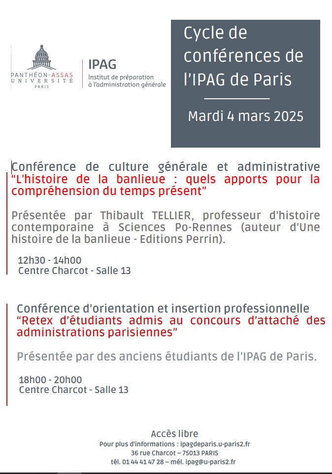 L’IPAG de Paris vous propose deux conférences ce mardi 4 mars. Th. Tellier reviendra sur l’histoire de la banlieue, tandis que d’anciens étudiants partageront leur expérience du concours d’attaché des administrations parisiennes #ConfAssas #ChoisirLeServicePublic <a href="/AssasUniversite/">Panthéon-Assas université</a>