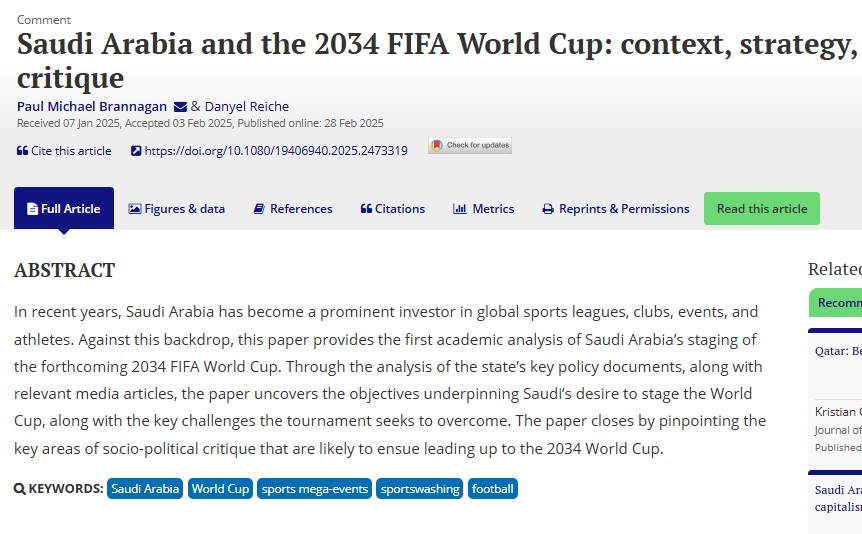 Sport Policy Unit - MMU (@spu_mmu) on Twitter photo Dr Paul Michael Brannagan has a new publication titled, "Saudi Arabia and the 2034 FIFA World Cup: context, strategy, critique" in the International Journal of Sport Policy and Politics (<a href="/IJSPPjournal/">Int'l Journal of Sports Physiology and Performance</a>) .
Link to full paper: tandfonline.com/doi/full/10.10⦠Dr Paul Michael Brannagan has a new publication titled, "Saudi Arabia and the 2034 FIFA World Cup: context, strategy, critique" in the International Journal of Sport Policy and Politics (<a href="/IJSPPjournal/">Int'l Journal of Sports Physiology and Performance</a>) .
Link to full paper: tandfonline.com/doi/full/10.10ā¦