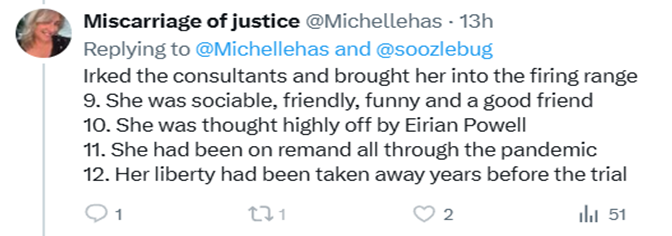 DebRoberts22249's tweet photo. So now we know why Letby might be innocent.

 Michelle who has actually had the audacity to write a book about Letby, despite so very little knowledge, thinks one of the reasons is because "she had been on remand all through the pandemic".

Stupid just keeps getting stupider.

#lucyletby